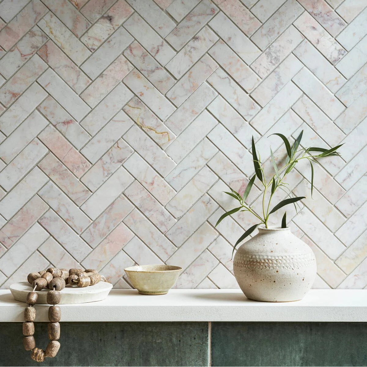 Rose Pink Herringbone Mosaic Marble