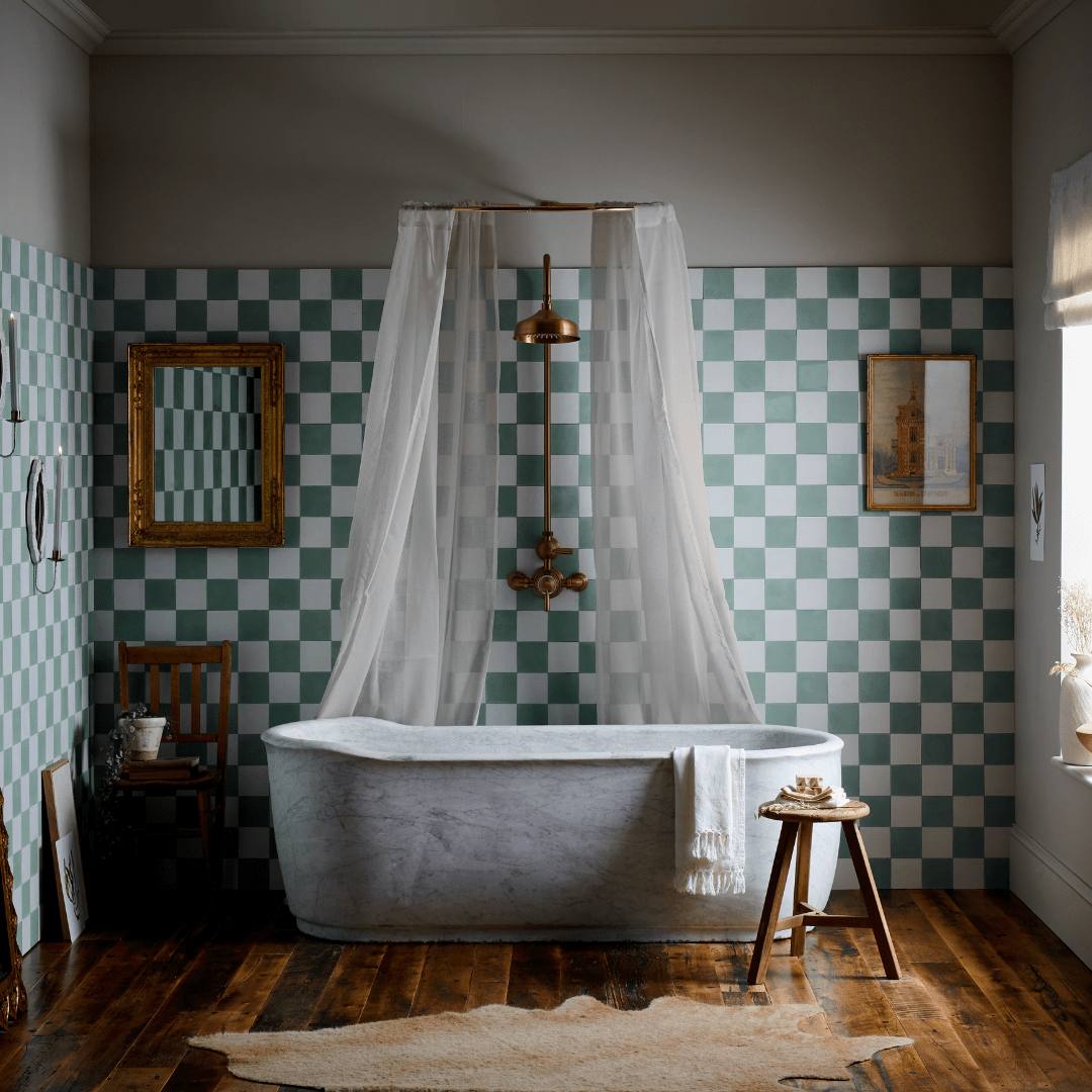 Tealish Chequerboard Cement Tile